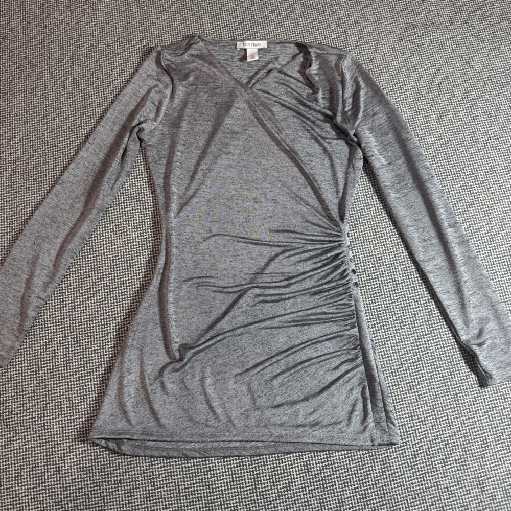 White House Black Market Gray Ruched Faux Wrap Long Sleeve Top Small